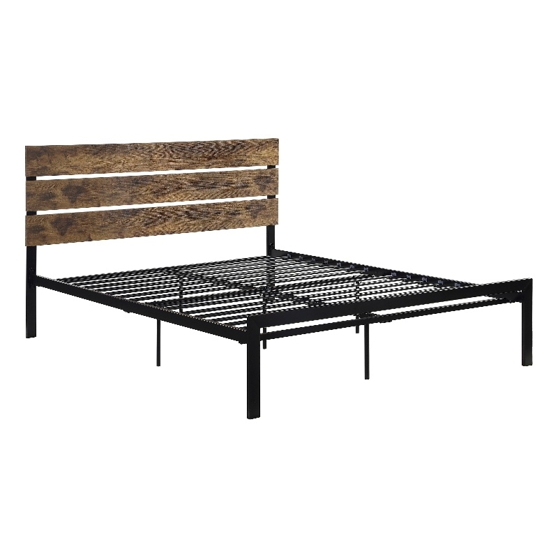 Mars Queen Platform Bed- Brown Faux Wood Slat Headboard- Black Metal Frame