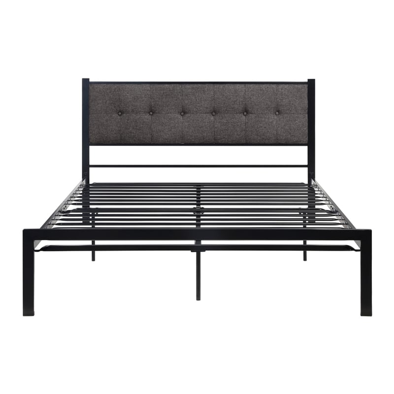 Sam Queen Platform Bed- Polyester Upholstered Tufted Headboard- Black Metal