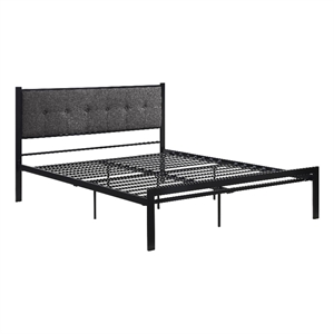 Sam Queen Platform Bed- Polyester Upholstered Tufted Headboard- Black Metal