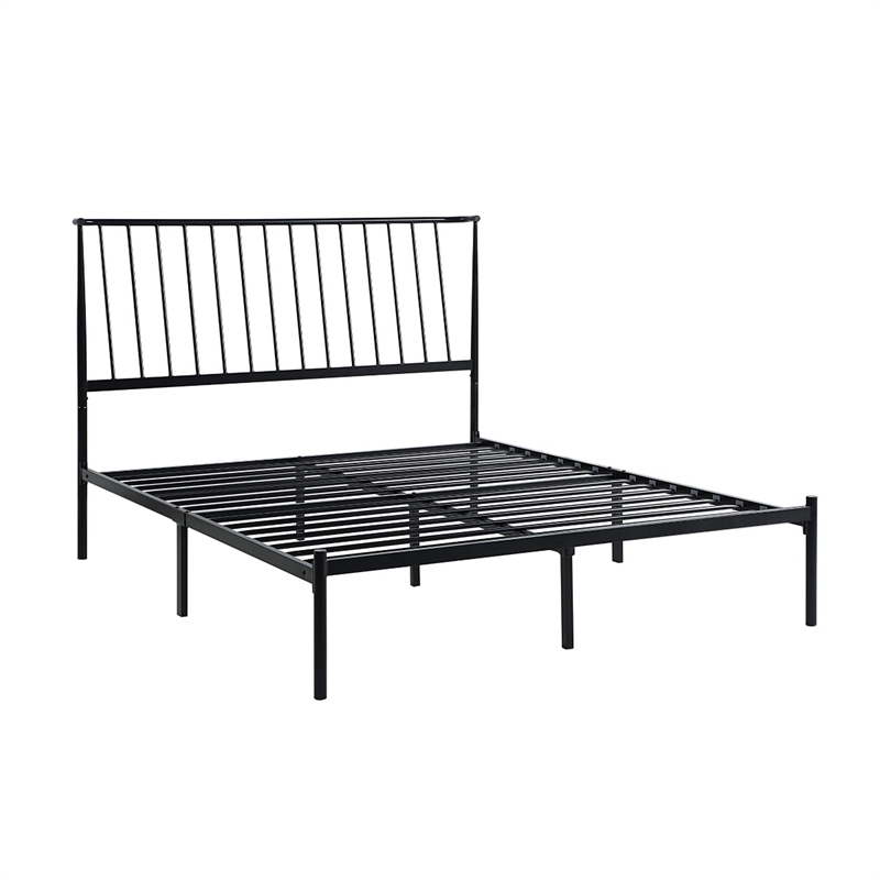 Angie Queen Bed- Platform Foundation- Slatted Headboard- Black Metal Frame