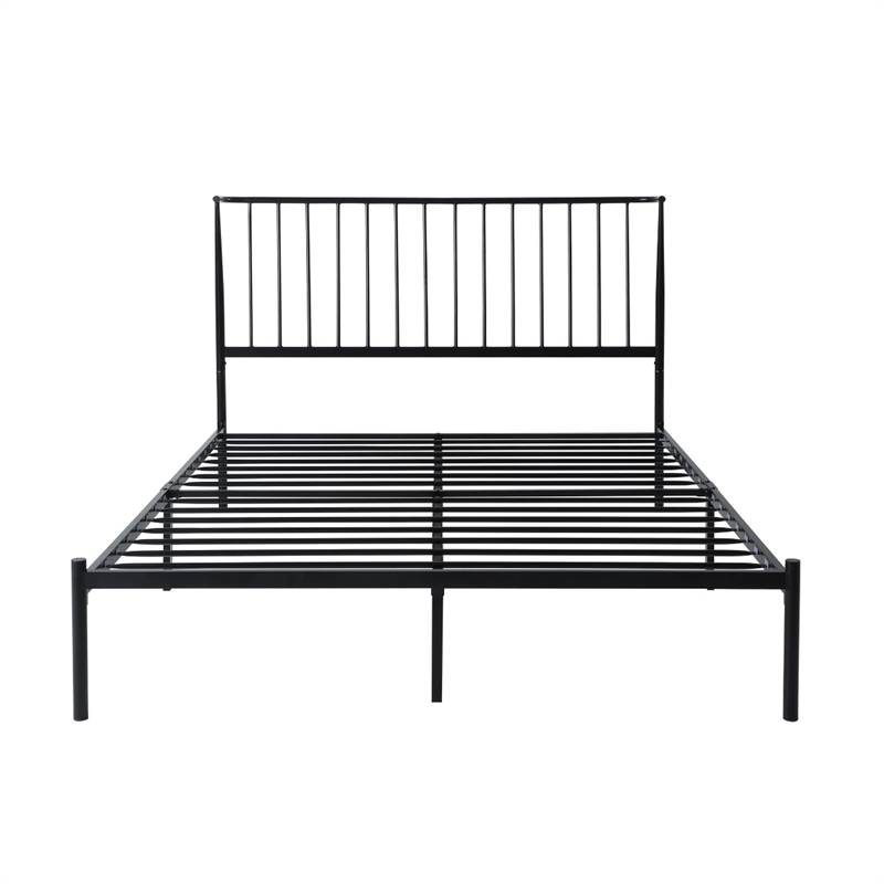 Angie Queen Bed- Platform Foundation- Slatted Headboard- Black Metal Frame
