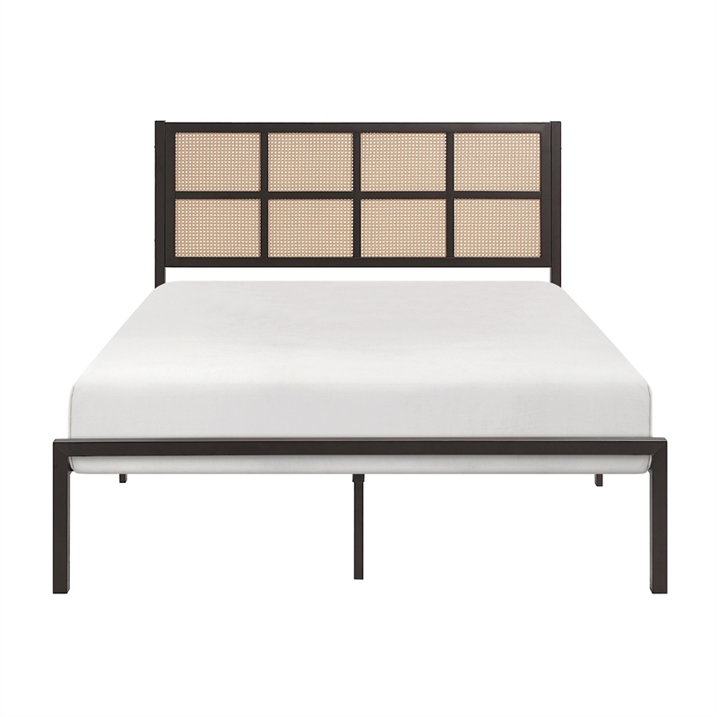 Annie Queen Platform Bed- Framed Faux Cane Panel Headboard- Dark Bronze