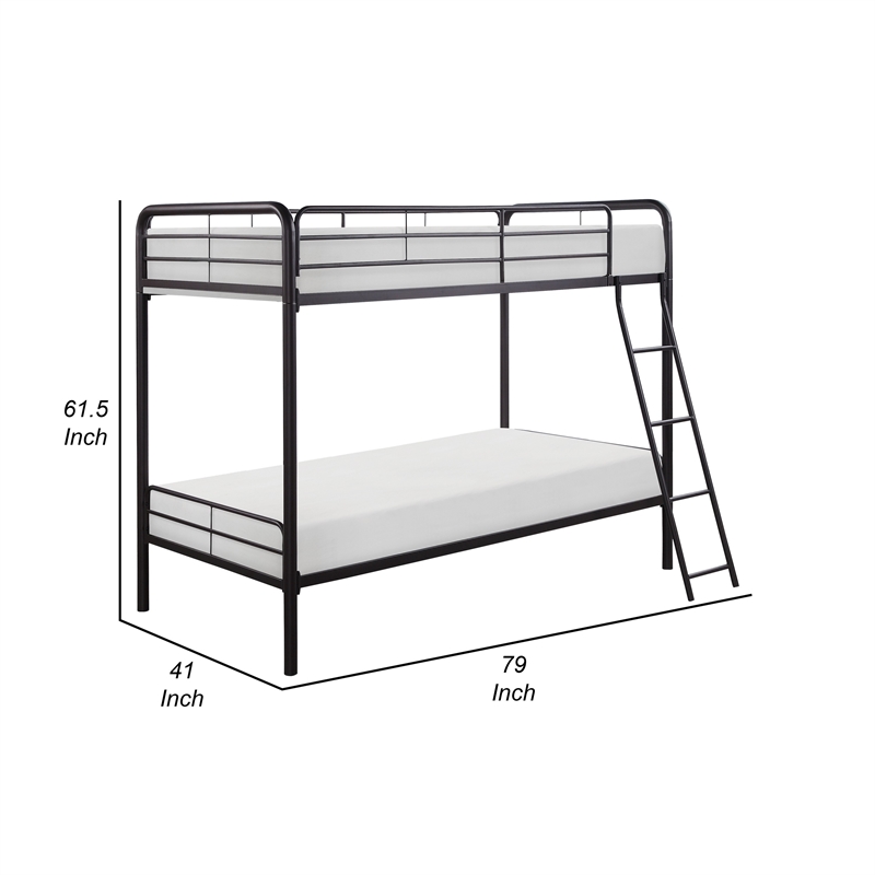 Tara 79 Inch Twin Bunk Bed- Sleek Metal Frame with Ladder in Dark Bronze