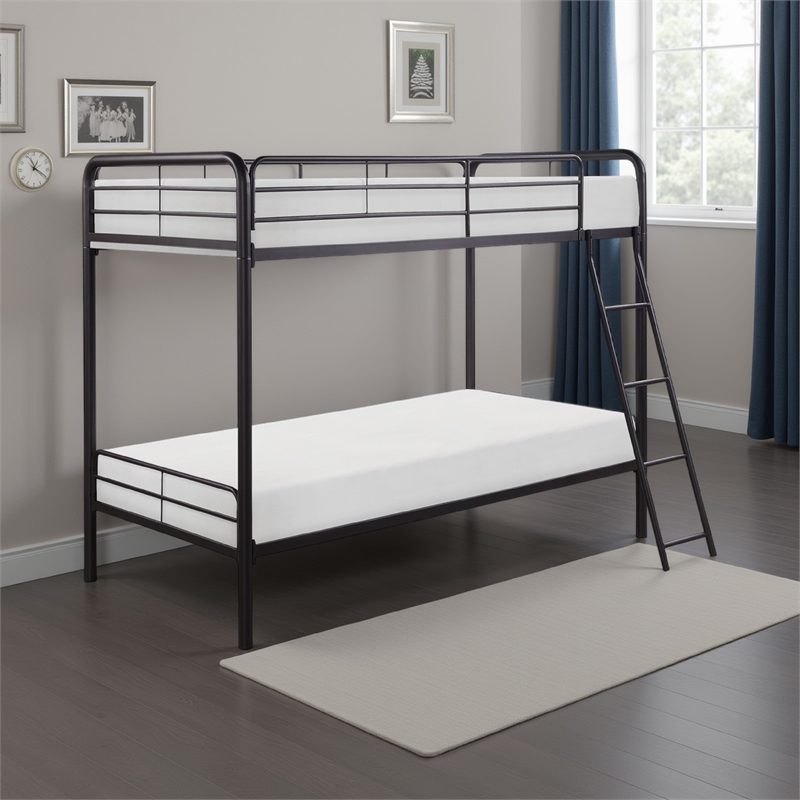 Tara 79 Inch Twin Bunk Bed- Sleek Metal Frame with Ladder in Dark Bronze