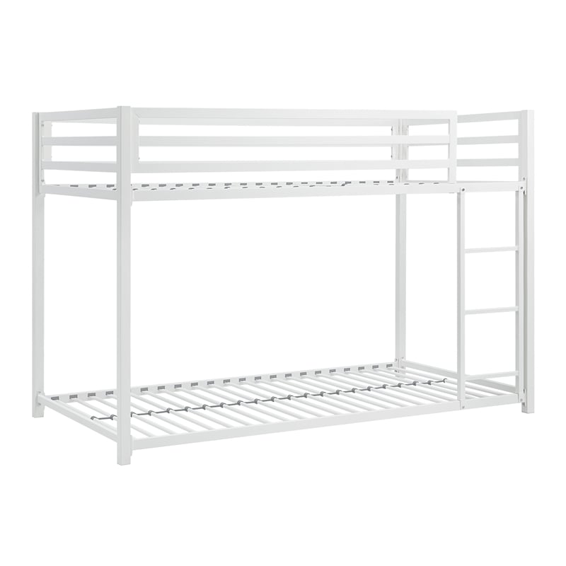 Ovi 78 Inch Twin Bunk Bed- Mounted Ladder- Ground Level Platform Bed- White