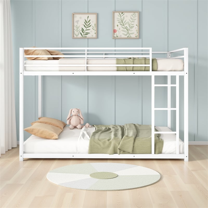 Ovi 78 Inch Twin Bunk Bed- Mounted Ladder- Ground Level Platform Bed- White