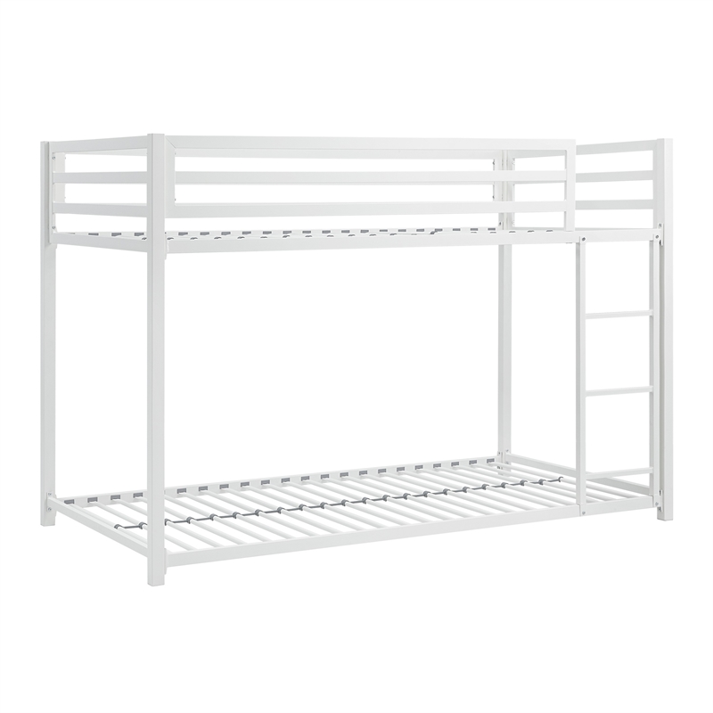 Ovi 78 Inch Twin Bunk Bed- Mounted Ladder- Ground Level Platform Bed- White
