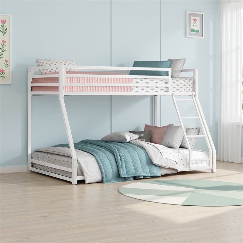 Ovi 78 Inch Twin over Full Bunk Bed- Ladder- Ground Level Bed- White Metal