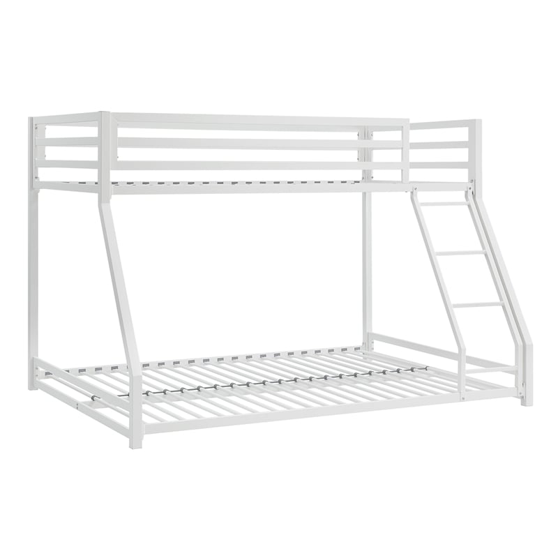 Ovi 78 Inch Twin over Full Bunk Bed- Ladder- Ground Level Bed- White Metal