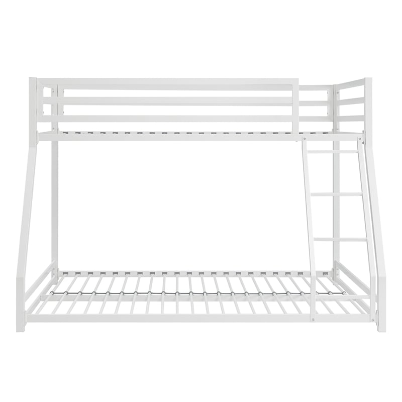 Ovi 78 Inch Twin over Full Bunk Bed- Ladder- Ground Level Bed- White Metal