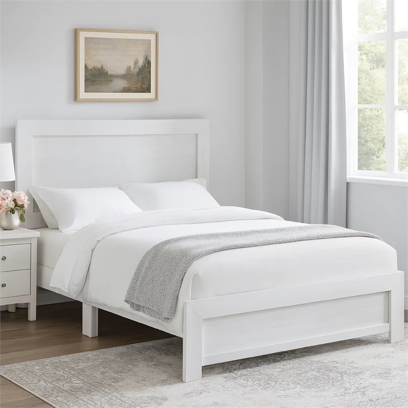 Eby King Size Bed- Rustic Farmhouse Style- White Finish Wood Veneer