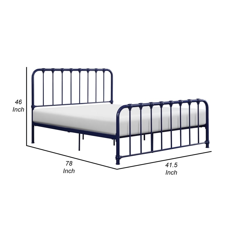 Ethan Twin Size Metal Bed- Blue Spindle Design- Heavy Duty Slat Support