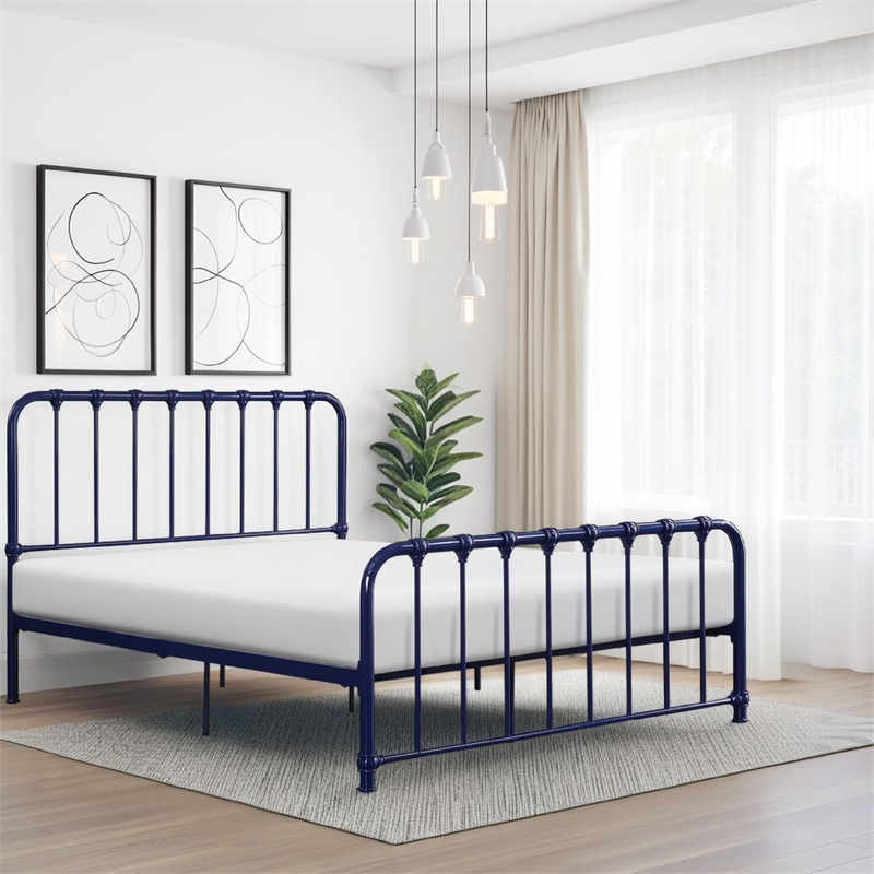 Ethan Twin Size Metal Bed- Blue Spindle Design- Heavy Duty Slat Support