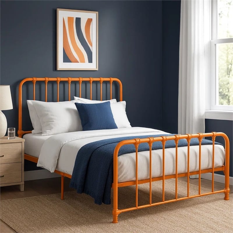 Ethan Full Size Metal Bed- Orange Spindle Design- Heavy Duty Slat Support