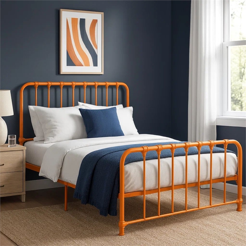 Ethan Full Size Metal Bed- Orange Spindle Design- Heavy Duty Slat Support