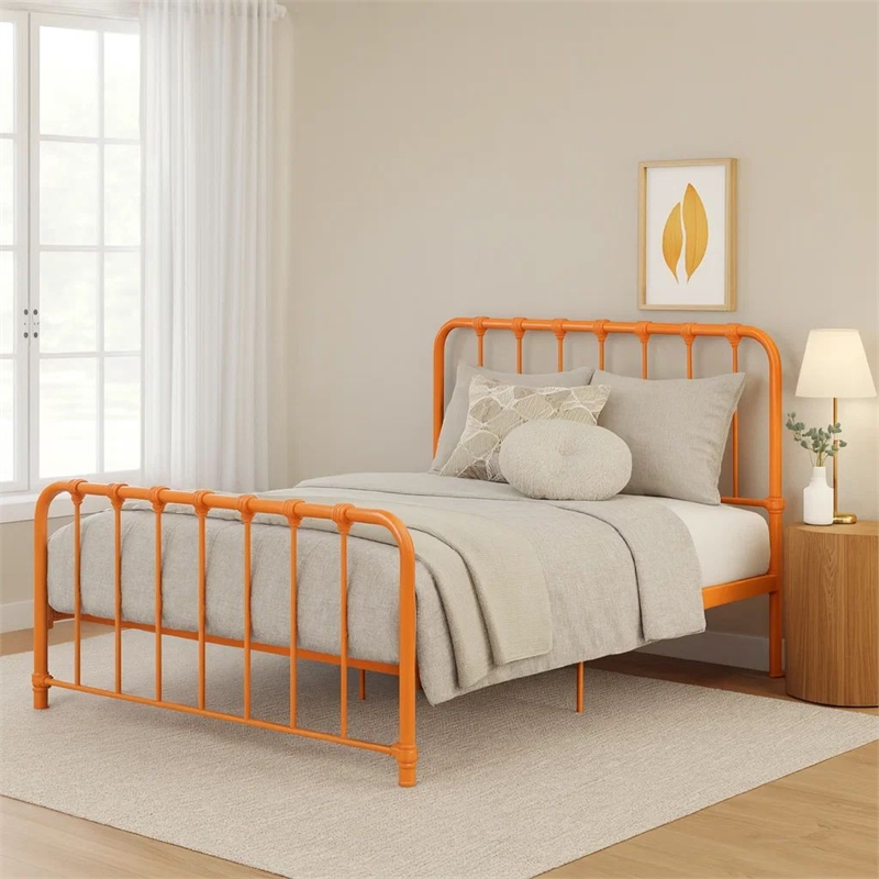 Ethan Full Size Metal Bed- Orange Spindle Design- Heavy Duty Slat Support
