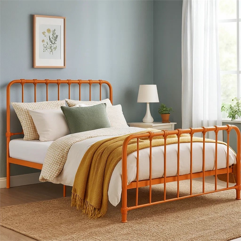 Ethan Full Size Metal Bed- Orange Spindle Design- Heavy Duty Slat Support
