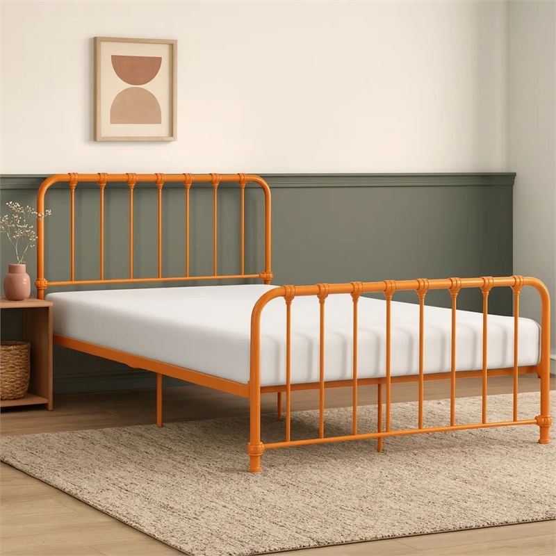 Ethan Full Size Metal Bed- Orange Spindle Design- Heavy Duty Slat Support