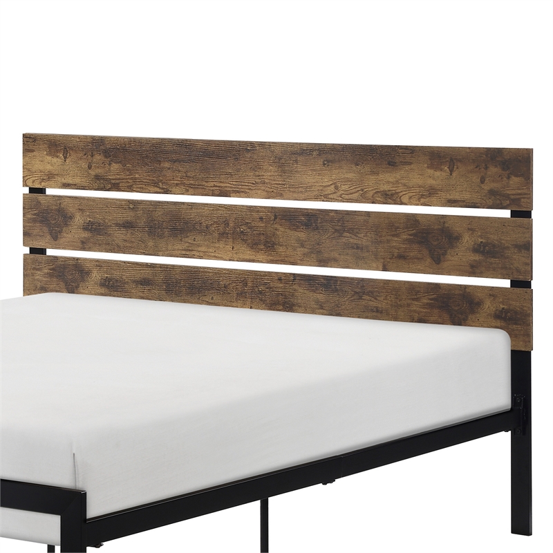 Mars Full Platform Bed- Brown Faux Wood Slat Headboard- Black Metal Frame