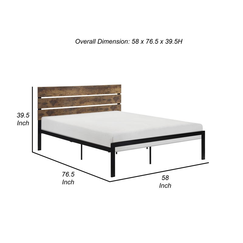 Mars Full Platform Bed- Brown Faux Wood Slat Headboard- Black Metal Frame