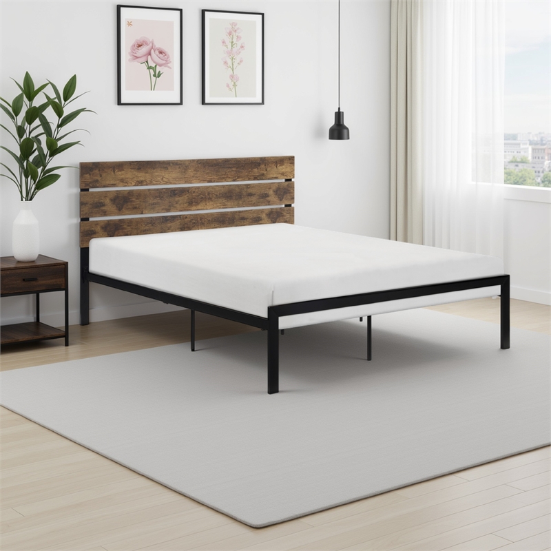 Mars Full Platform Bed- Brown Faux Wood Slat Headboard- Black Metal Frame
