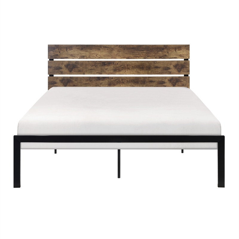 Mars Twin Platform Bed- Brown Faux Wood Slat Headboard- Black Metal Frame