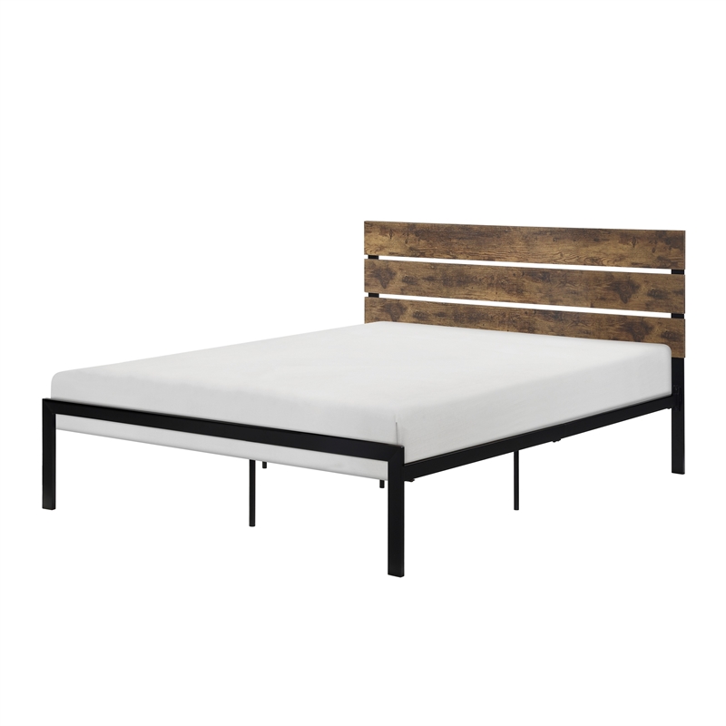 Mars Twin Platform Bed- Brown Faux Wood Slat Headboard- Black Metal Frame