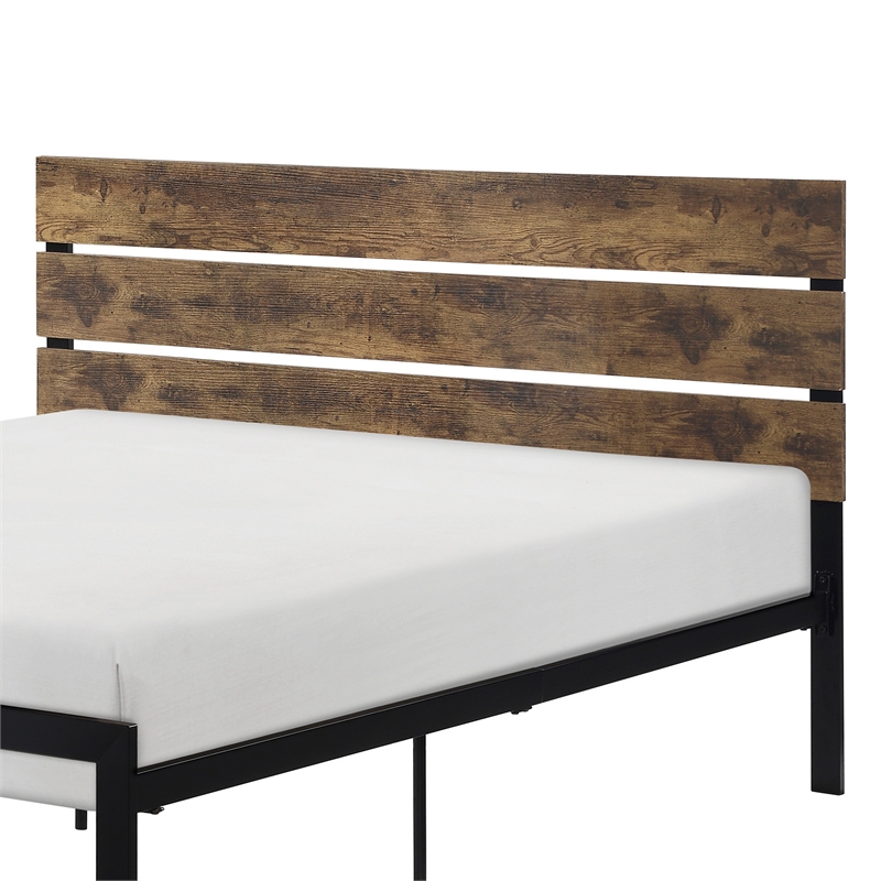Mars Twin Platform Bed- Brown Faux Wood Slat Headboard- Black Metal Frame