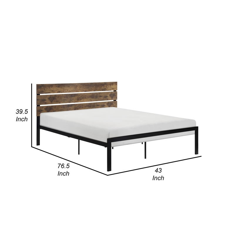 Mars Twin Platform Bed- Brown Faux Wood Slat Headboard- Black Metal Frame