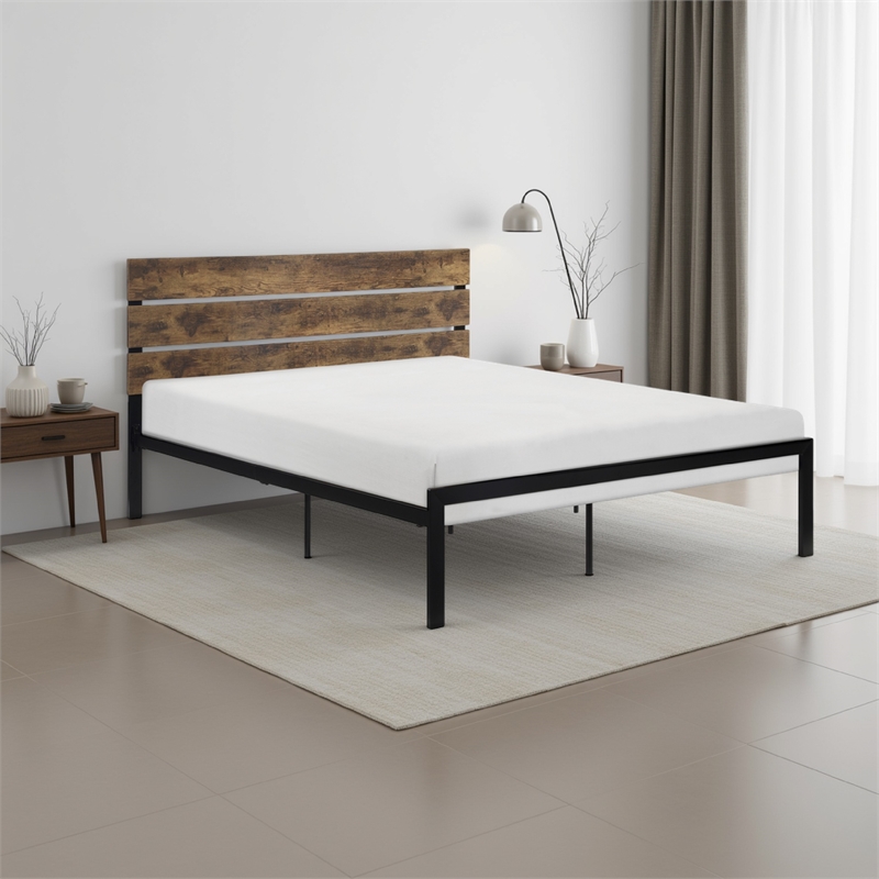 Mars Twin Platform Bed- Brown Faux Wood Slat Headboard- Black Metal Frame