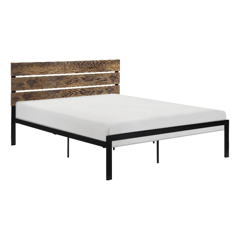Mars Twin Platform Bed- Brown Faux Wood Slat Headboard- Black Metal Frame