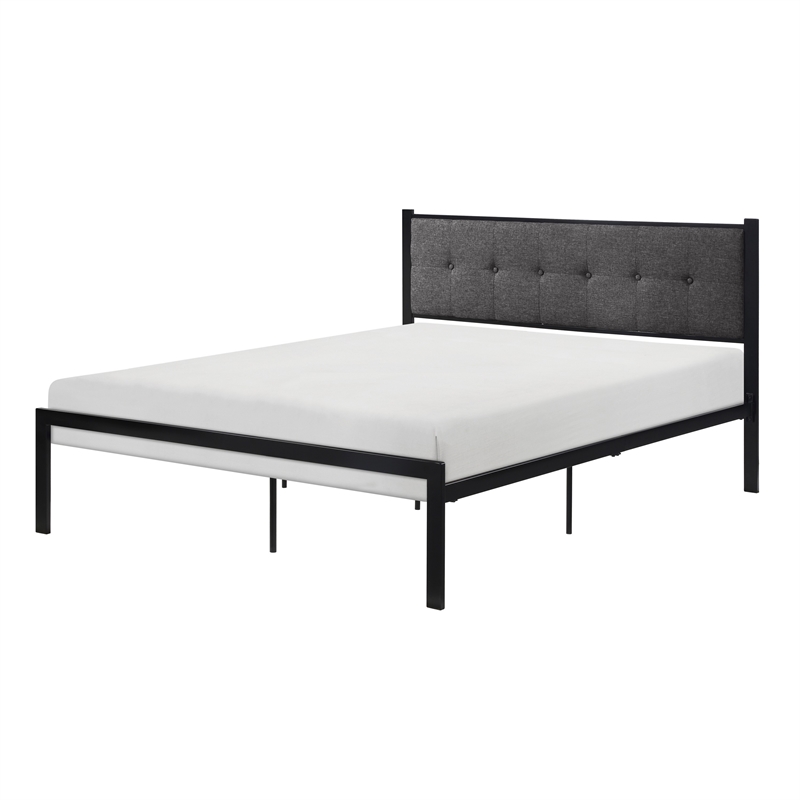 Sam Full Platform Bed- Button Black Tufted Polyester Upholstery Metal Frame