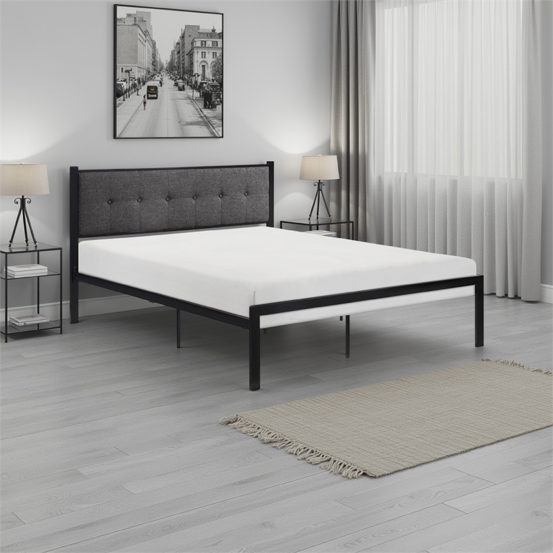 Sam Full Platform Bed- Button Black Tufted Polyester Upholstery Metal Frame