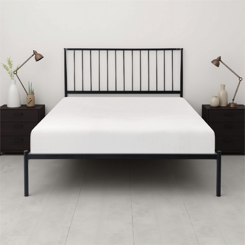 Angie Full Platform Metal Bed- Subtly Angled Slats on Headboard- Black
