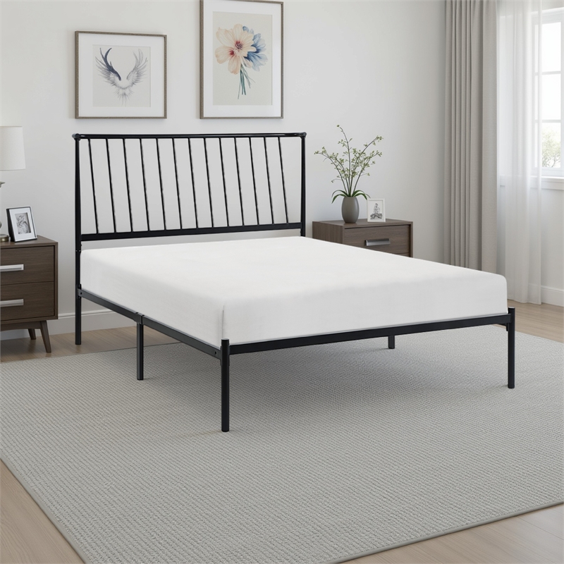 Angie King Size Platform Metal Bed- Subtly Angled Slats on Headboard- Black