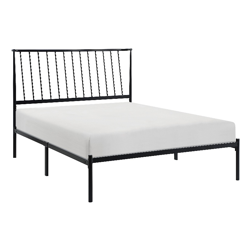 Angie King Size Platform Metal Bed- Subtly Angled Slats on Headboard- Black