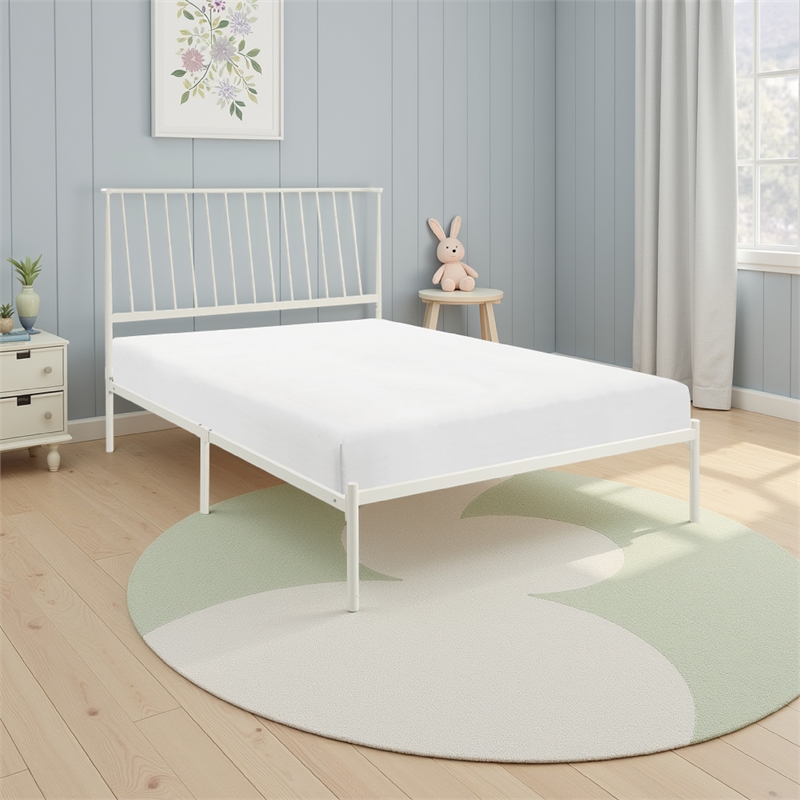 Angie Full Platform Metal Bed- Subtly Angled Slats on Headboard- White