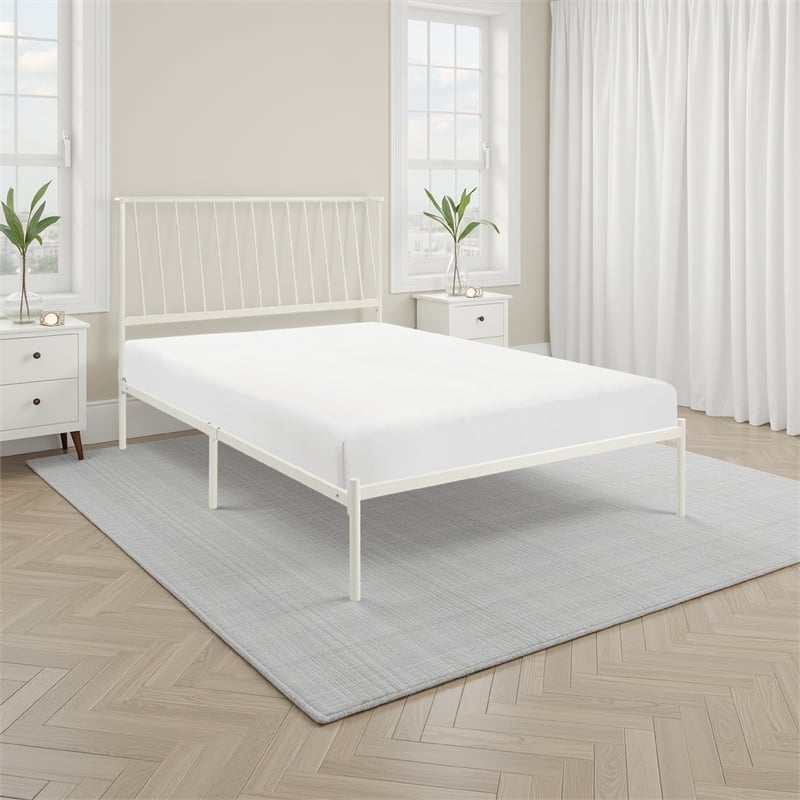 Angie King Size Platform Metal Bed- Subtly Angled Slats on Headboard- White