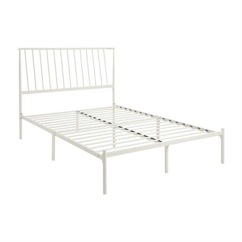 Angie King Size Platform Metal Bed- Subtly Angled Slats on Headboard- White