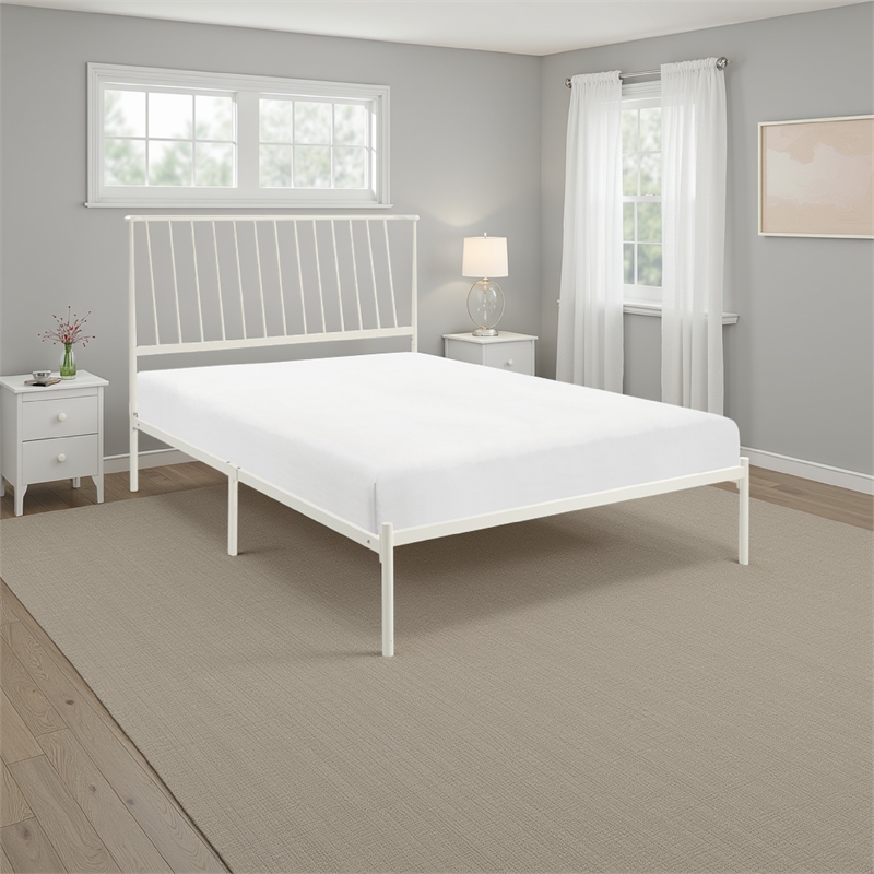 Angie Twin Size Platform Metal Bed- Subtly Angled Slats on Headboard- White