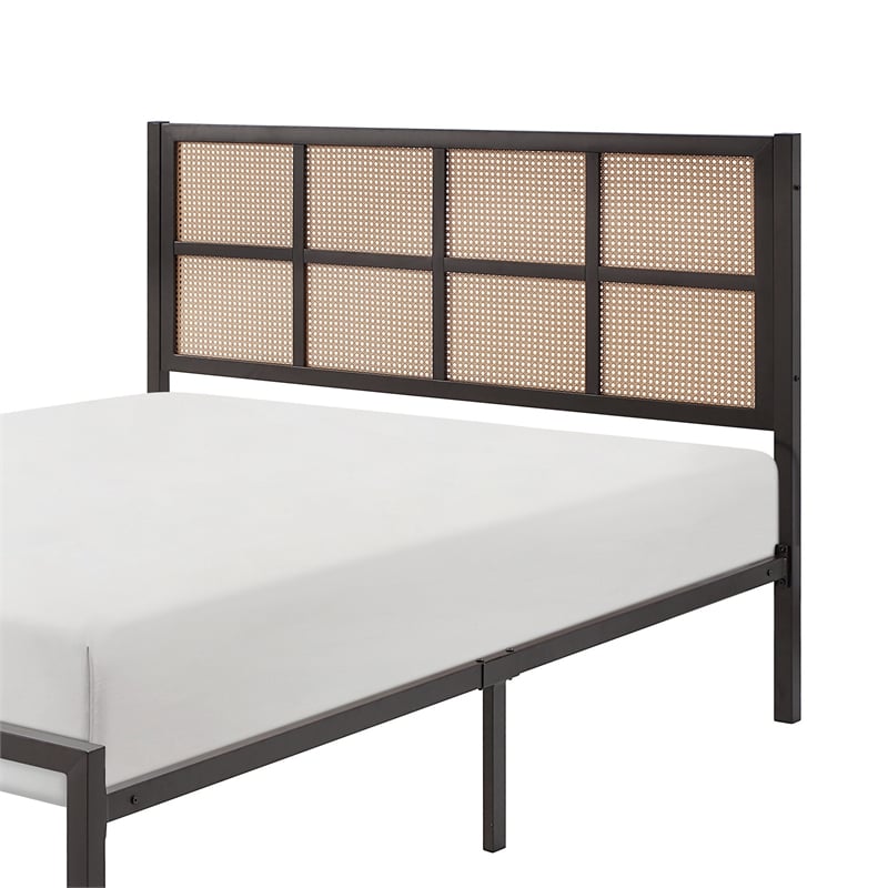 Annie Twin Platform Metal Bed- Brown Faux Cane Panel Headboard- Dark Bronze