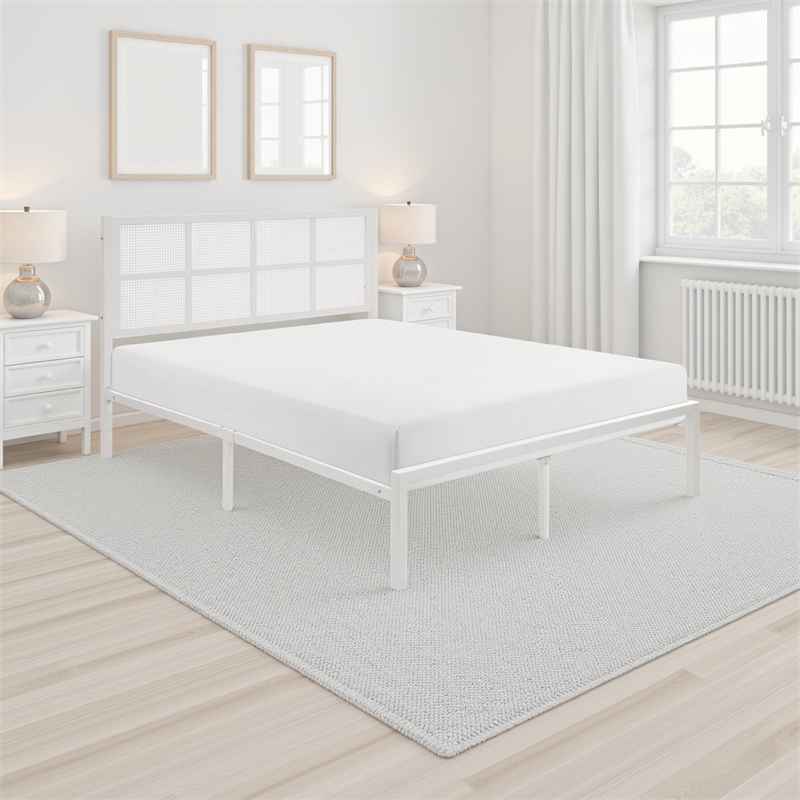 Annie King Platform Metal Bed- White Faux Cane Panel Headboard- Low Profile