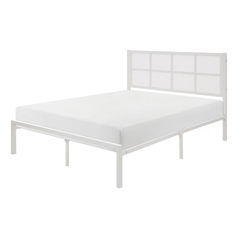 Annie King Platform Metal Bed- White Faux Cane Panel Headboard- Low Profile