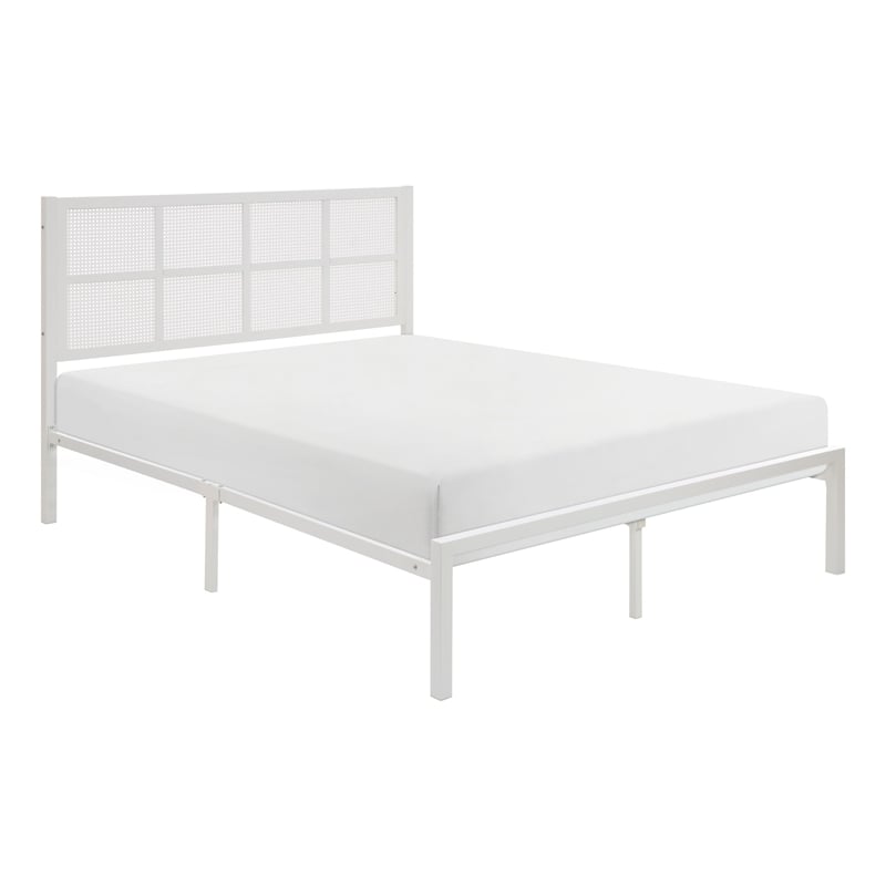 Annie Twin Platform Metal Bed- White Faux Cane Panel Headboard- Low Profile