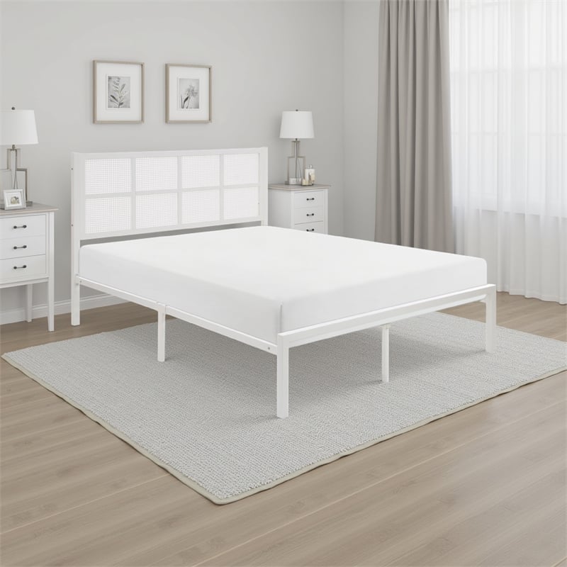 Annie Twin Platform Metal Bed- White Faux Cane Panel Headboard- Low Profile