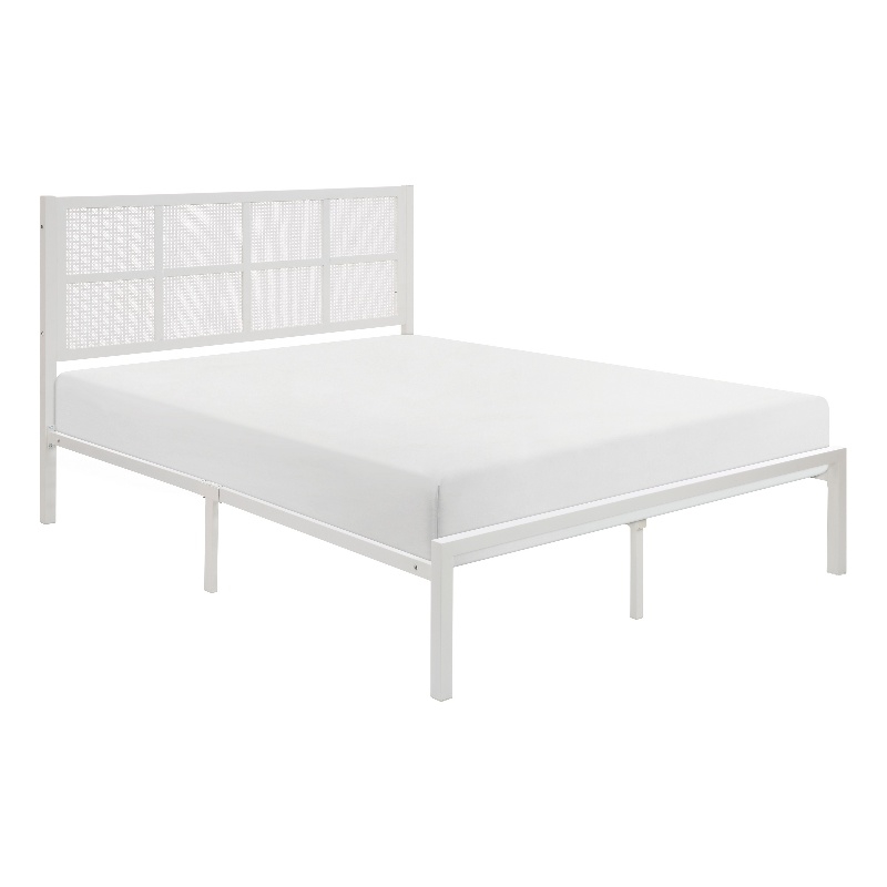 Annie Twin Platform Metal Bed- White Faux Cane Panel Headboard- Low Profile