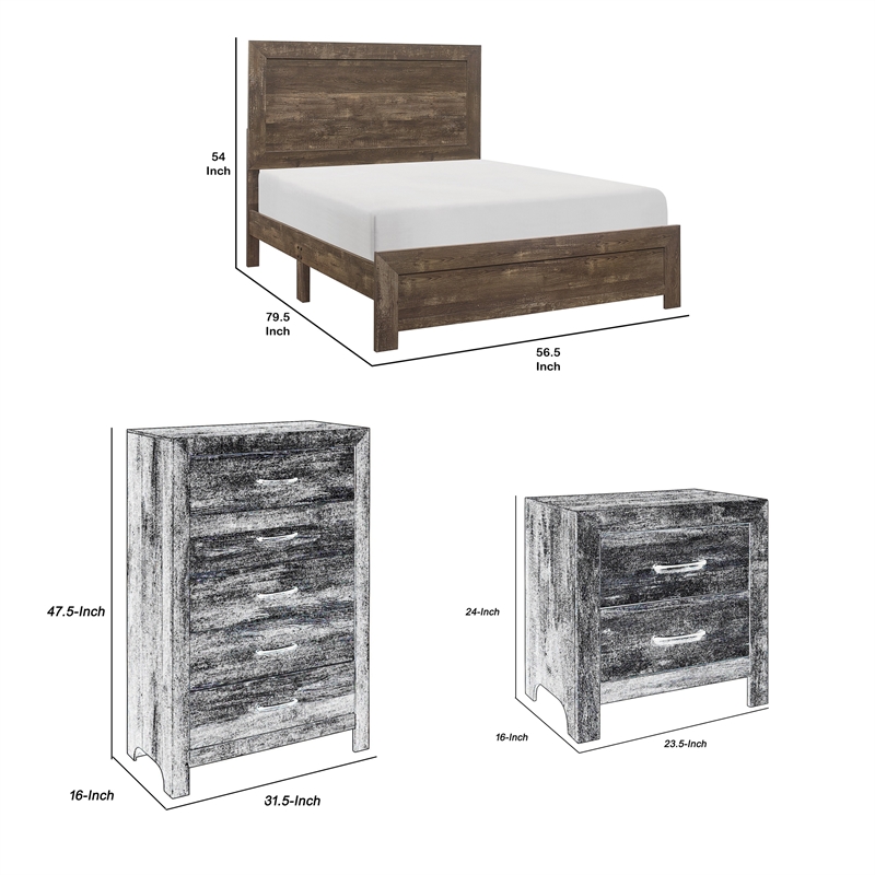 Ko Three Piece Full Size Bedroom Set- Panel Detailing- Metal Handles