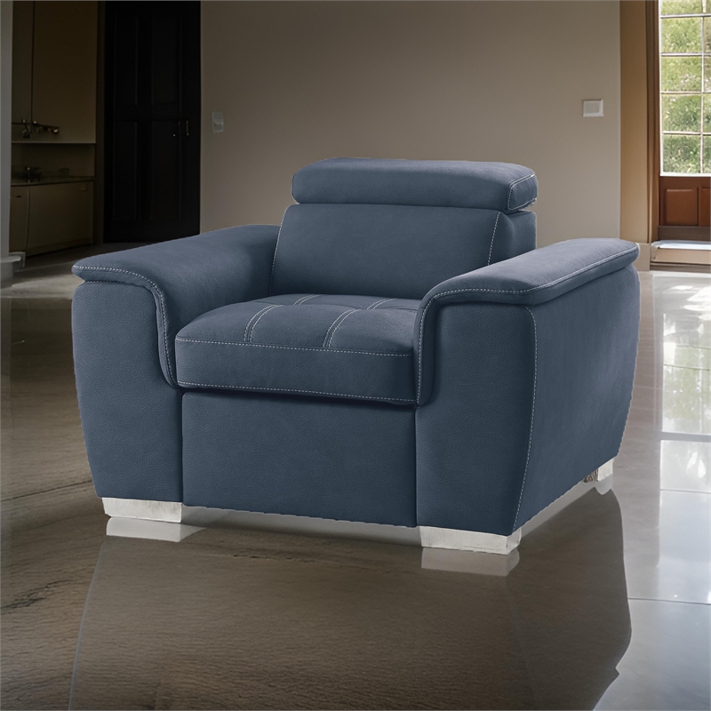 Rida 45 Inch Chair- Pull Out Ottoman- Adjustable Headrest- Solid Wood- Blue