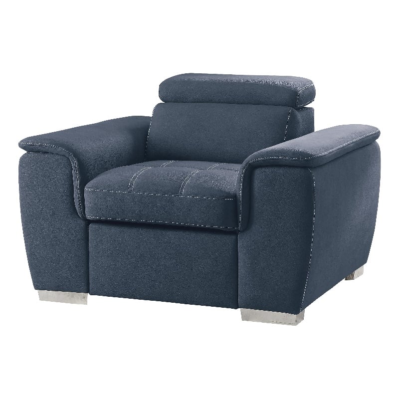 Rida 45 Inch Chair- Pull Out Ottoman- Adjustable Headrest- Solid Wood- Blue