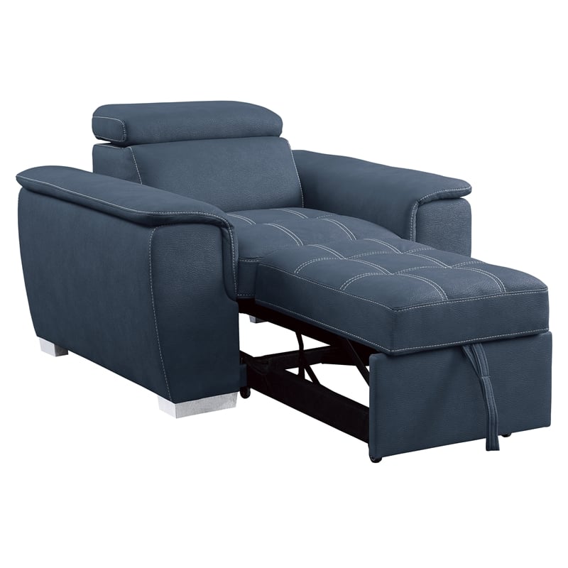 Rida 45 Inch Chair- Pull Out Ottoman- Adjustable Headrest- Solid Wood- Blue